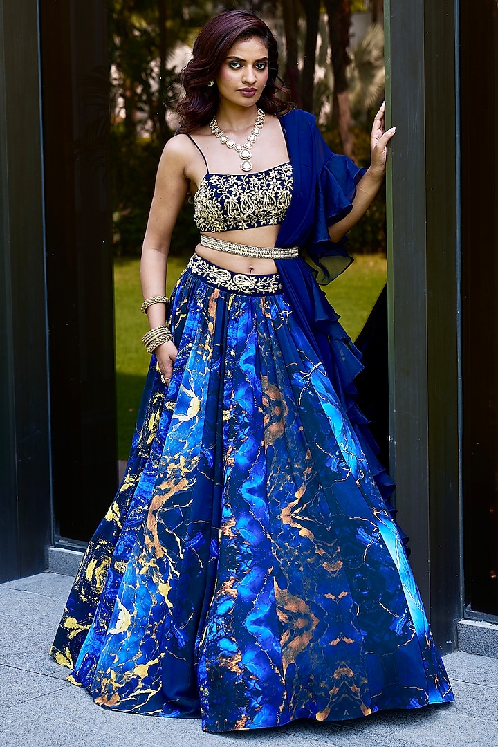 Blue Georgette Nakshi Hand Embroidered Wedding Lehenga Set by Rashika Sharma at Pernia's Pop Up Shop