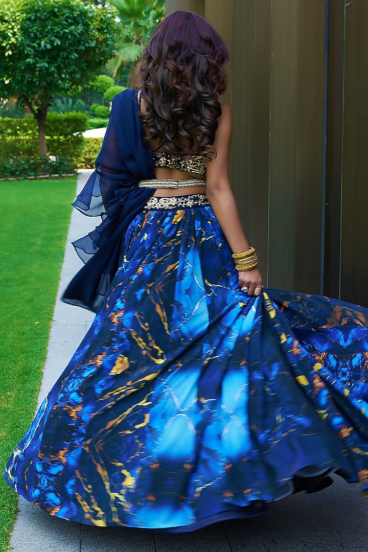 Blue Georgette Nakshi Hand Embroidered Wedding Lehenga Set by Rashika Sharma at Pernia's Pop Up Shop