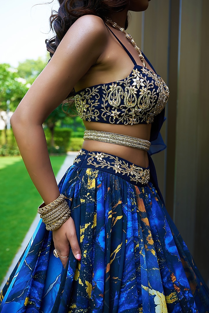 Blue Georgette Nakshi Hand Embroidered Wedding Lehenga Set by Rashika Sharma at Pernia's Pop Up Shop