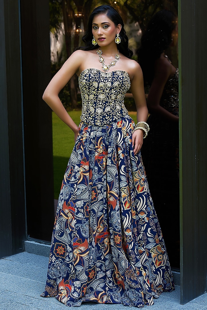 Blue Georgette Floral Printed Wedding Lehenga Set by Rashika Sharma at Pernia's Pop Up Shop