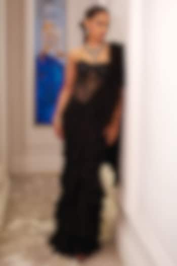 Black Chiffon Hand Embellished Pre-Draped Ruffled Wedding Saree Set by Rashika Sharma at Pernia's Pop Up Shop