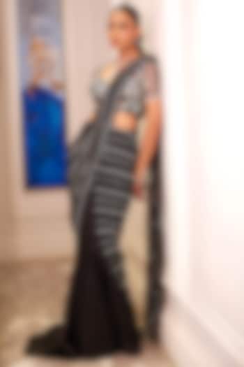 Black Saree Hand Embellished Fishtail Wedding Lehenga Saree Set by Rashika Sharma at Pernia's Pop Up Shop