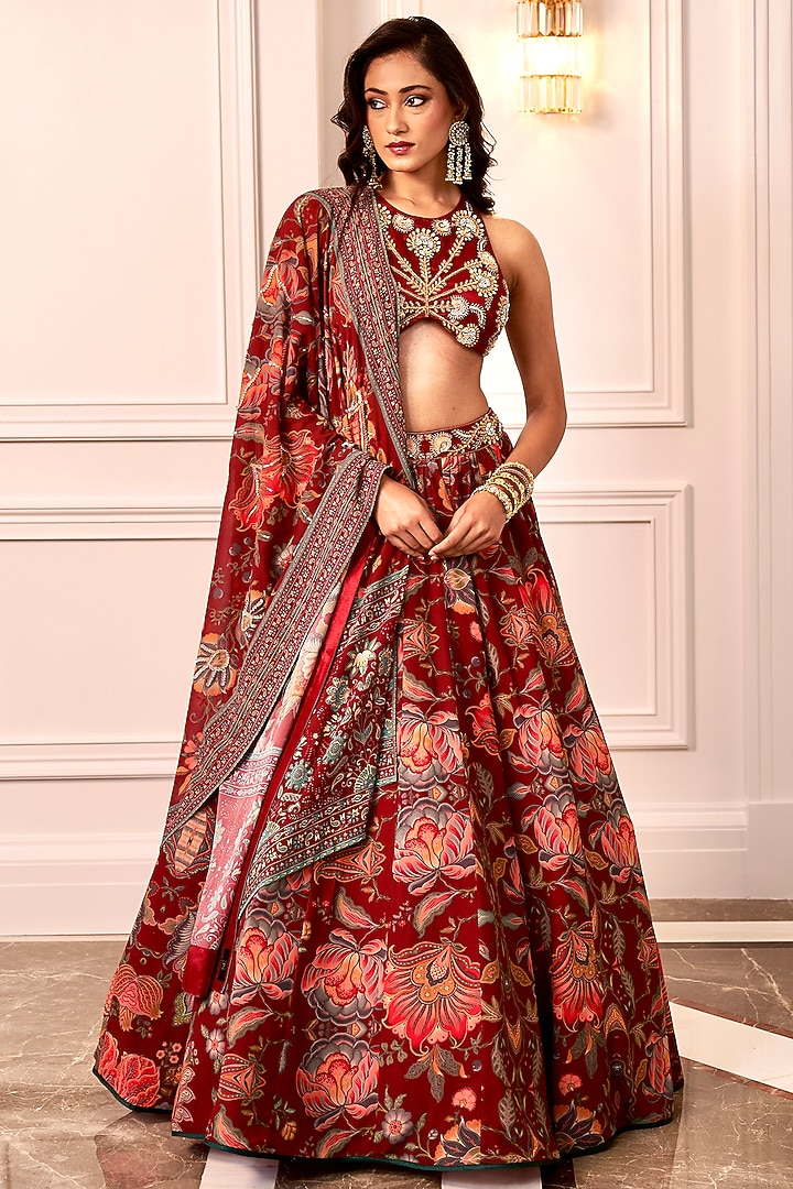 Maroon Georgette Floral Wedding Lehenga Set by Rashika Sharma at Pernia's Pop Up Shop
