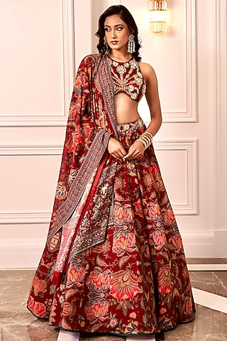 Maroon Georgette Floral Lehenga Set by Rashika Sharma