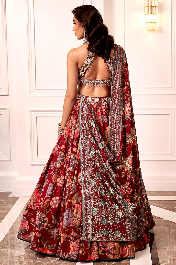 Maroon Georgette Floral Wedding Lehenga Set by Rashika Sharma at Pernia's Pop Up Shop