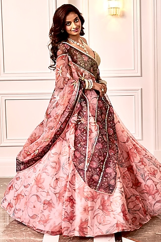 Peach Organza Floral Printed Lehenga Set by Rashika Sharma