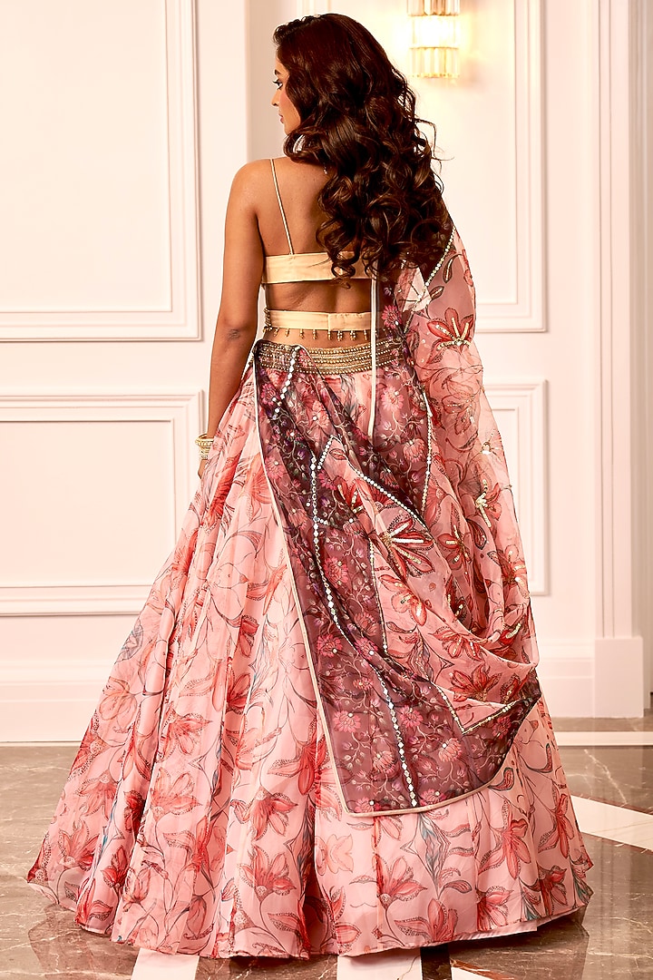 Peach Organza Floral Printed Wedding Lehenga Set by Rashika Sharma at Pernia's Pop Up Shop
