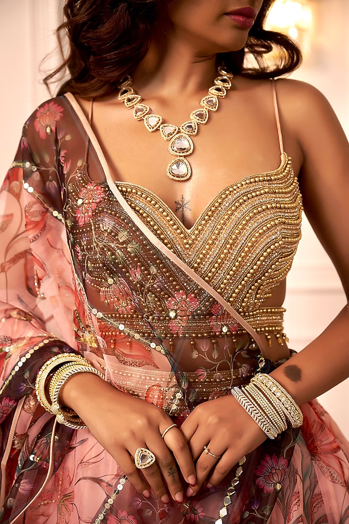 Peach Organza Floral Printed Wedding Lehenga Set by Rashika Sharma at Pernia's Pop Up Shop