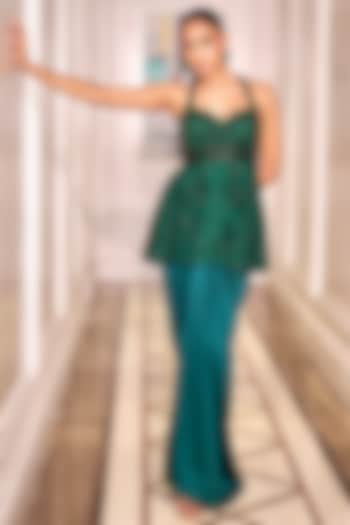 Green Satin Draped Skirt Set by Rashika Sharma at Pernia's Pop Up Shop