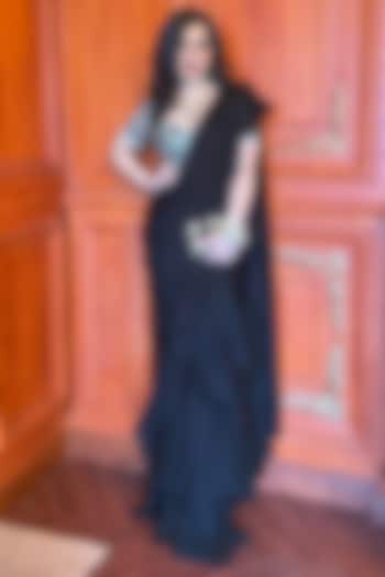 Black Chiffon Pre-Draped Ruffled Wedding Saree Set by Rashika Sharma at Pernia's Pop Up Shop