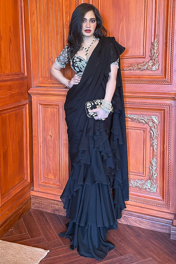 Black Chiffon Pre-Draped Ruffled Wedding Saree Set by Rashika Sharma at Pernia's Pop Up Shop