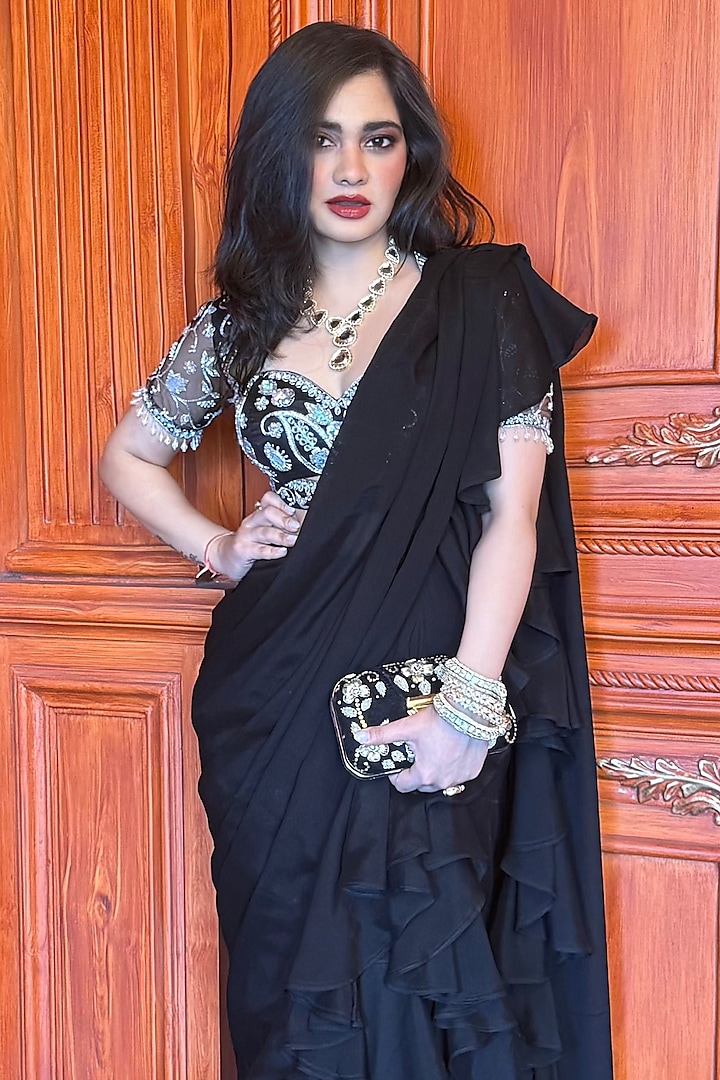 Black Chiffon Pre-Draped Ruffled Wedding Saree Set by Rashika Sharma at Pernia's Pop Up Shop