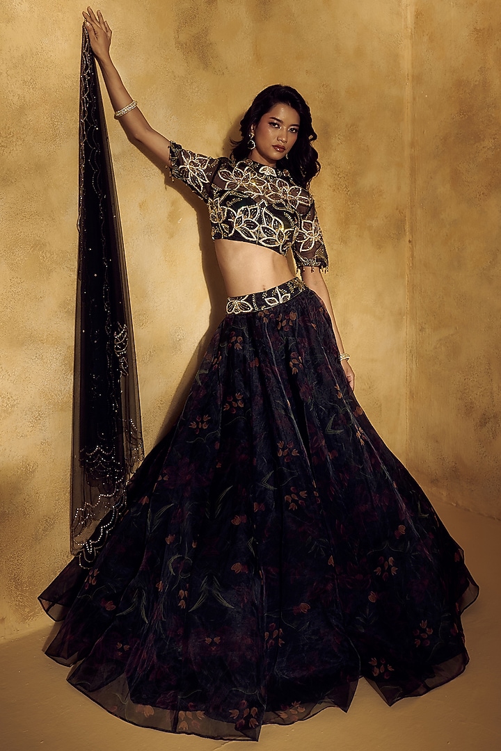 Black Organza Printed Wedding Lehenga Set by Rashika Sharma at Pernia's Pop Up Shop