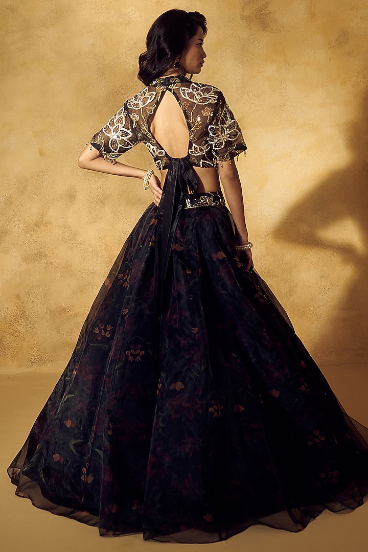 Black Organza Printed Wedding Lehenga Set by Rashika Sharma at Pernia's Pop Up Shop