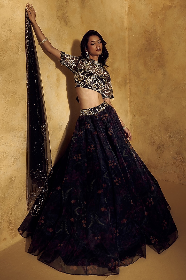Black Organza Printed Wedding Lehenga Set by Rashika Sharma at Pernia's Pop Up Shop