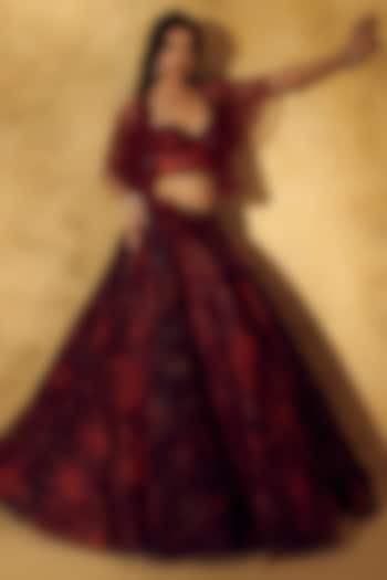 Maroon Organza Printed Jacket Wedding Lehenga Set by Rashika Sharma at Pernia's Pop Up Shop