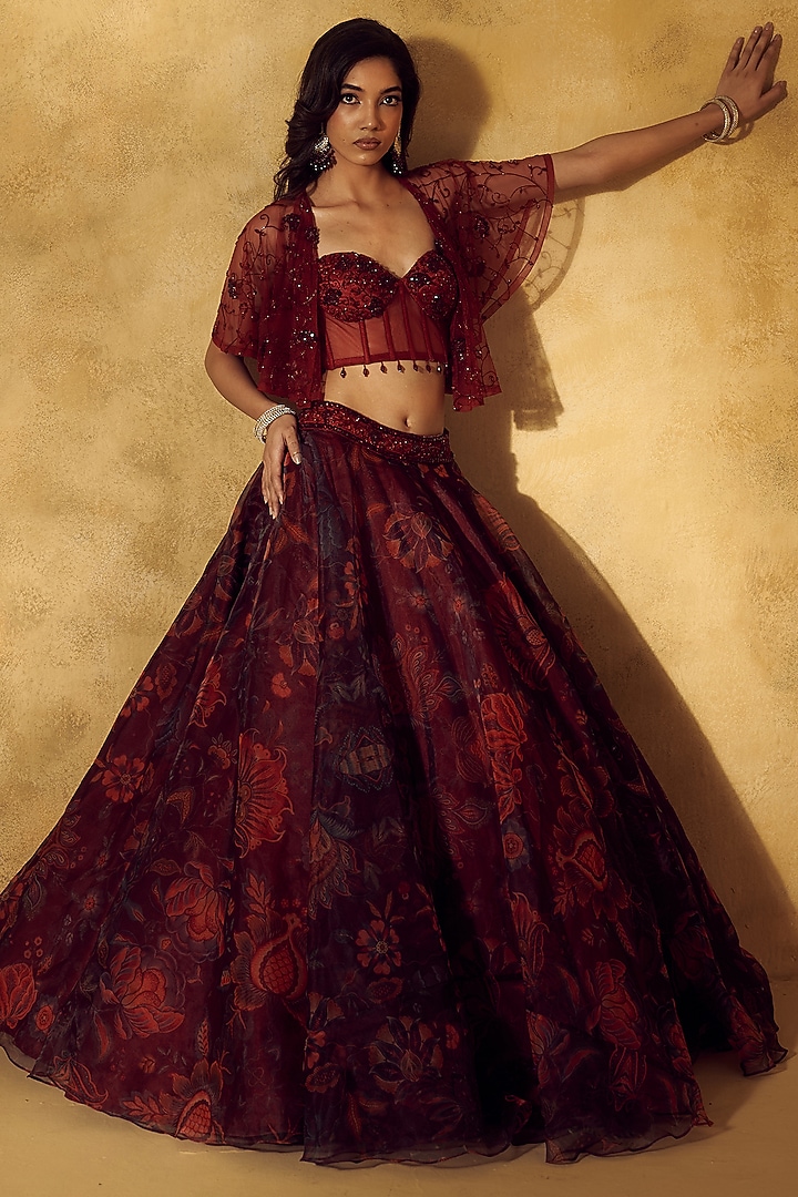 Maroon Organza Printed Jacket Wedding Lehenga Set by Rashika Sharma at Pernia's Pop Up Shop