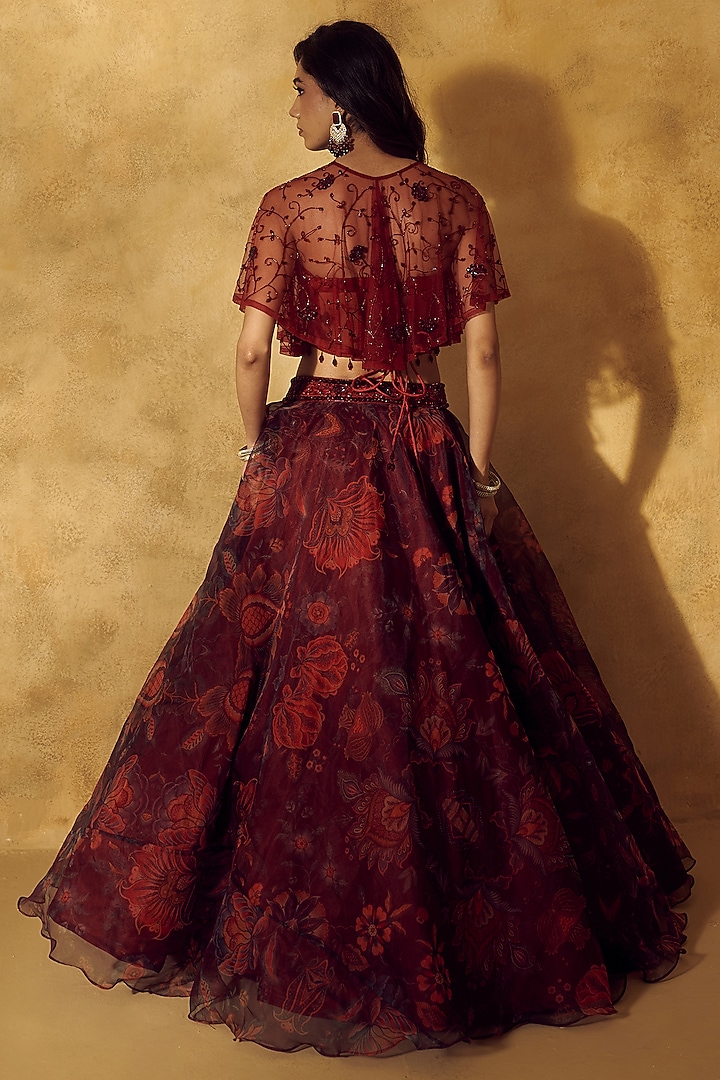 Maroon Organza Printed Jacket Wedding Lehenga Set by Rashika Sharma at Pernia's Pop Up Shop