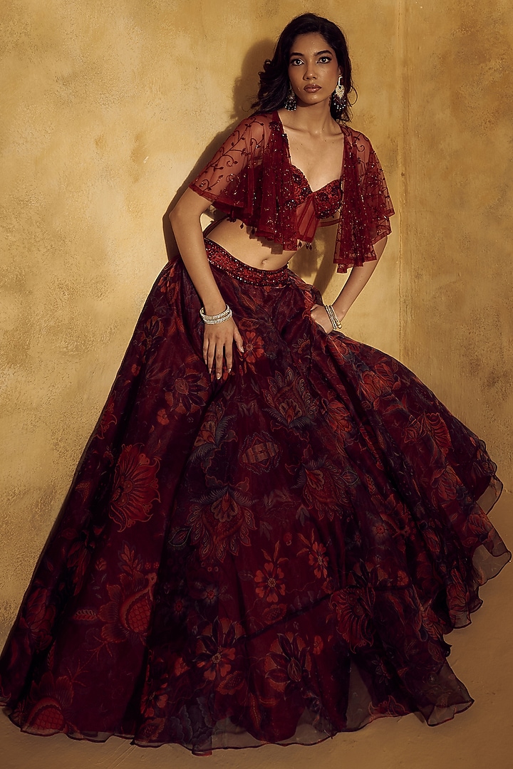 Maroon Organza Printed Jacket Wedding Lehenga Set by Rashika Sharma at Pernia's Pop Up Shop