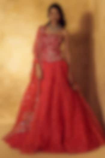 Pink Organza Floral Printed Wedding Lehenga Set by Rashika Sharma at Pernia's Pop Up Shop