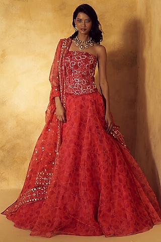 Pink Organza Floral Printed Lehenga Set by Rashika Sharma