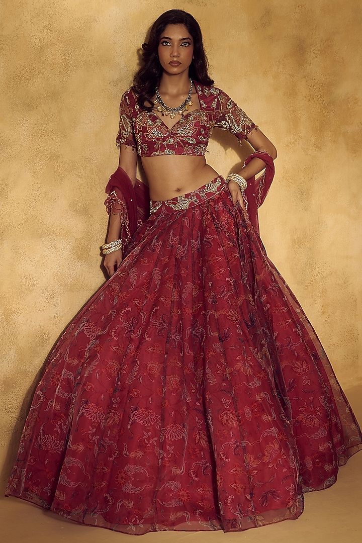 Pink Organza Floral Printed Wedding Lehenga Set by Rashika Sharma at Pernia's Pop Up Shop