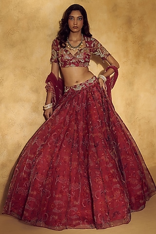 Pink Organza Floral Printed Lehenga Set by Rashika Sharma