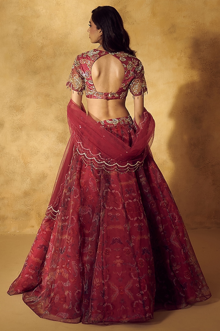 Pink Organza Floral Printed Wedding Lehenga Set by Rashika Sharma at Pernia's Pop Up Shop