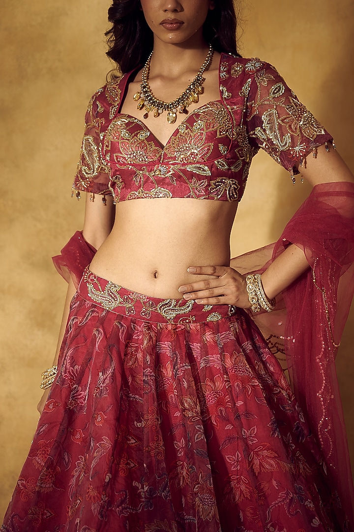 Pink Organza Floral Printed Wedding Lehenga Set by Rashika Sharma at Pernia's Pop Up Shop