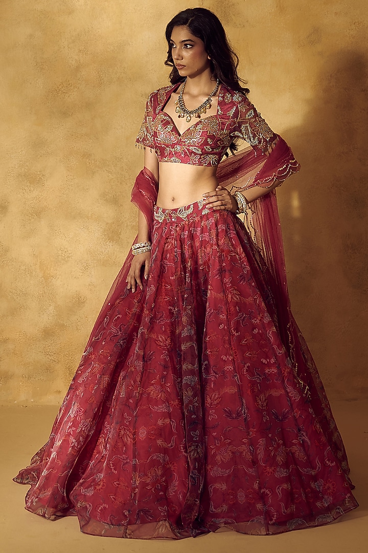 Pink Organza Floral Printed Wedding Lehenga Set by Rashika Sharma at Pernia's Pop Up Shop