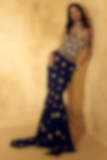 Blue Georgette Embroidered Fishtail Skirt Set by Rashika Sharma at Pernia's Pop Up Shop