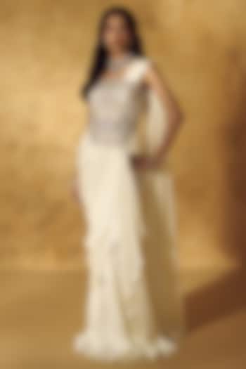 White Satin Draped Skirt Wedding Saree Set by Rashika Sharma at Pernia's Pop Up Shop