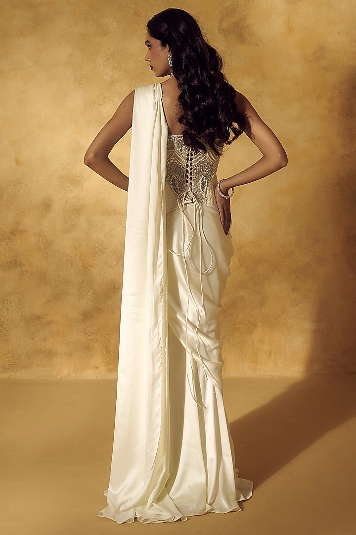 White Satin Draped Skirt Wedding Saree Set by Rashika Sharma at Pernia's Pop Up Shop