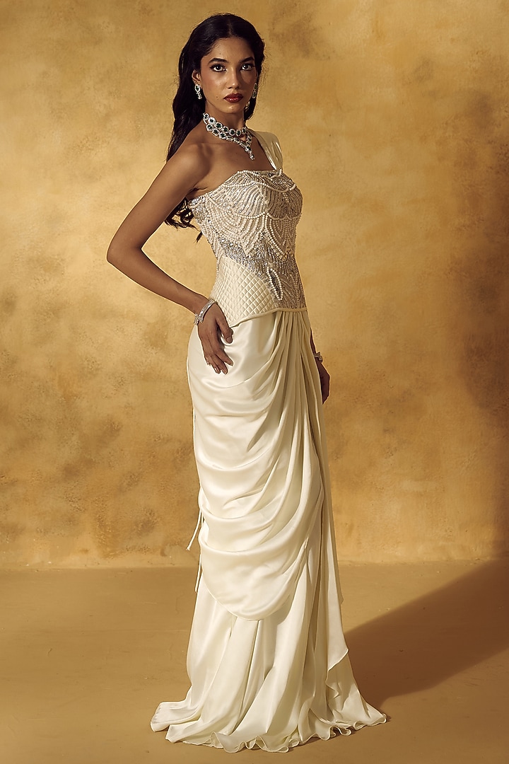 White Satin Draped Skirt Wedding Saree Set by Rashika Sharma at Pernia's Pop Up Shop