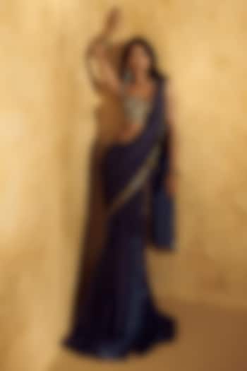Blue Georgette Printed Pre-Draped Wedding Saree Set by Rashika Sharma at Pernia's Pop Up Shop