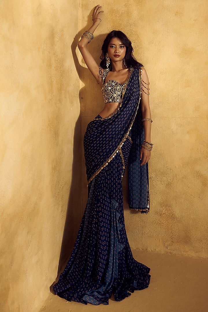 Blue Georgette Printed Pre-Draped Wedding Saree Set by Rashika Sharma at Pernia's Pop Up Shop