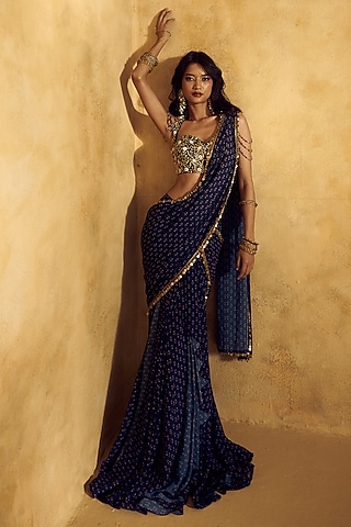 Blue Georgette Printed Pre-Draped Saree Set by Rashika Sharma