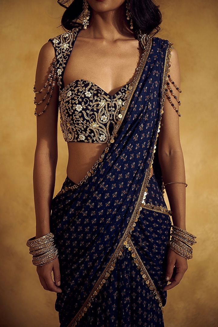 Blue Georgette Printed Pre-Draped Wedding Saree Set by Rashika Sharma at Pernia's Pop Up Shop