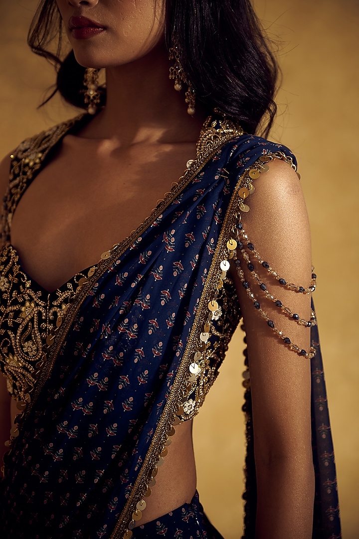 Blue Georgette Printed Pre-Draped Wedding Saree Set by Rashika Sharma at Pernia's Pop Up Shop