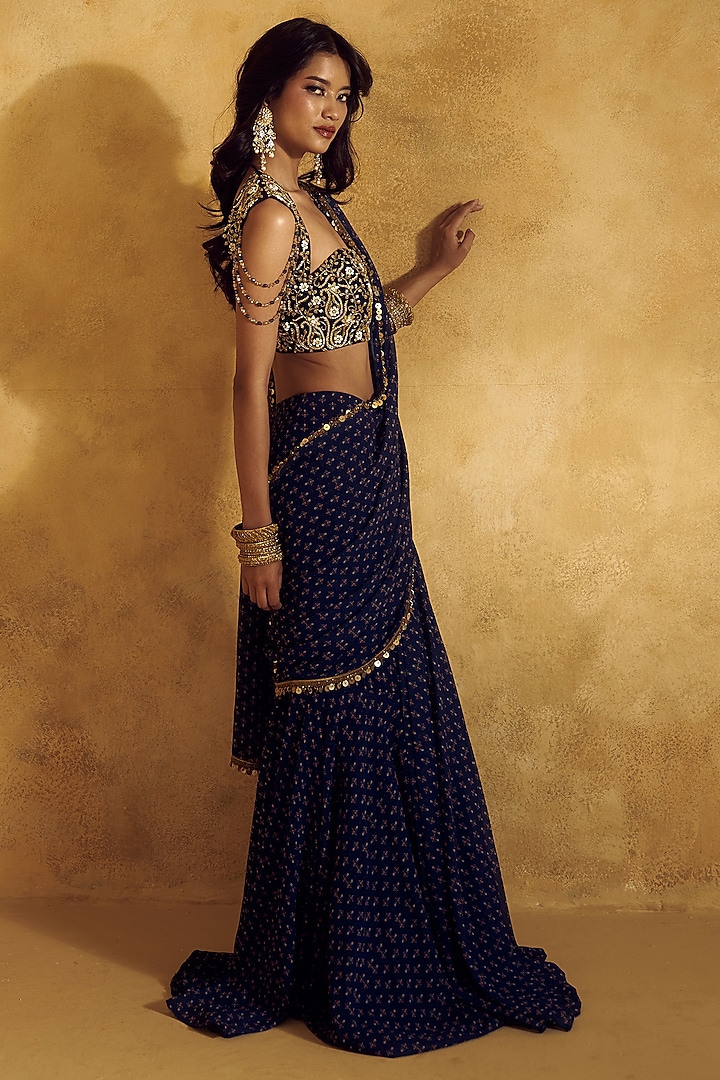 Blue Georgette Printed Pre-Draped Wedding Saree Set by Rashika Sharma at Pernia's Pop Up Shop