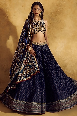 Blue Georgette Printed Lehenga Set by Rashika Sharma