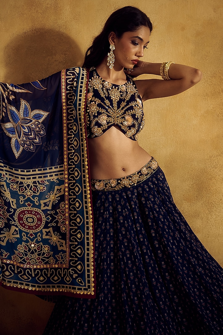 Blue Georgette Printed Wedding Lehenga Set by Rashika Sharma at Pernia's Pop Up Shop