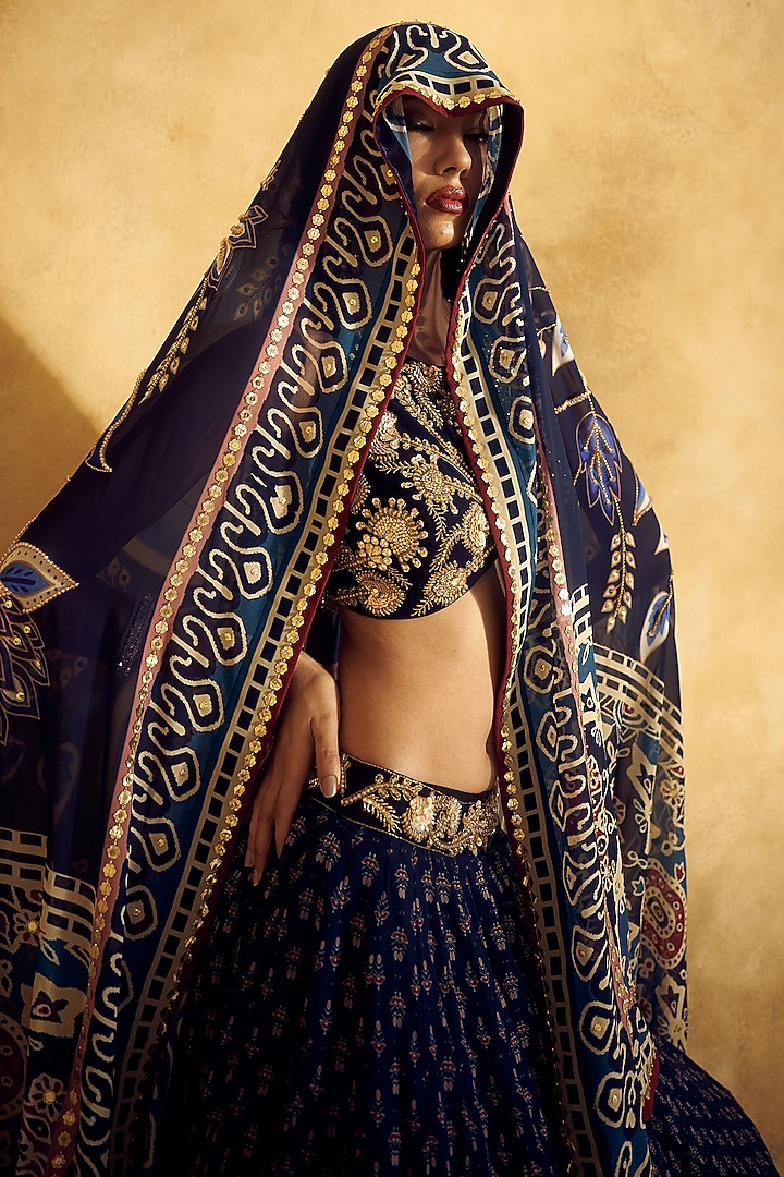 Blue Georgette Printed Wedding Lehenga Set by Rashika Sharma at Pernia's Pop Up Shop