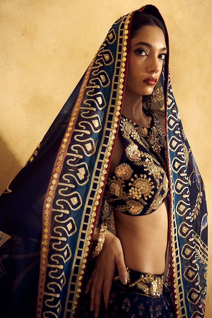 Blue Georgette Printed Wedding Lehenga Set by Rashika Sharma at Pernia's Pop Up Shop