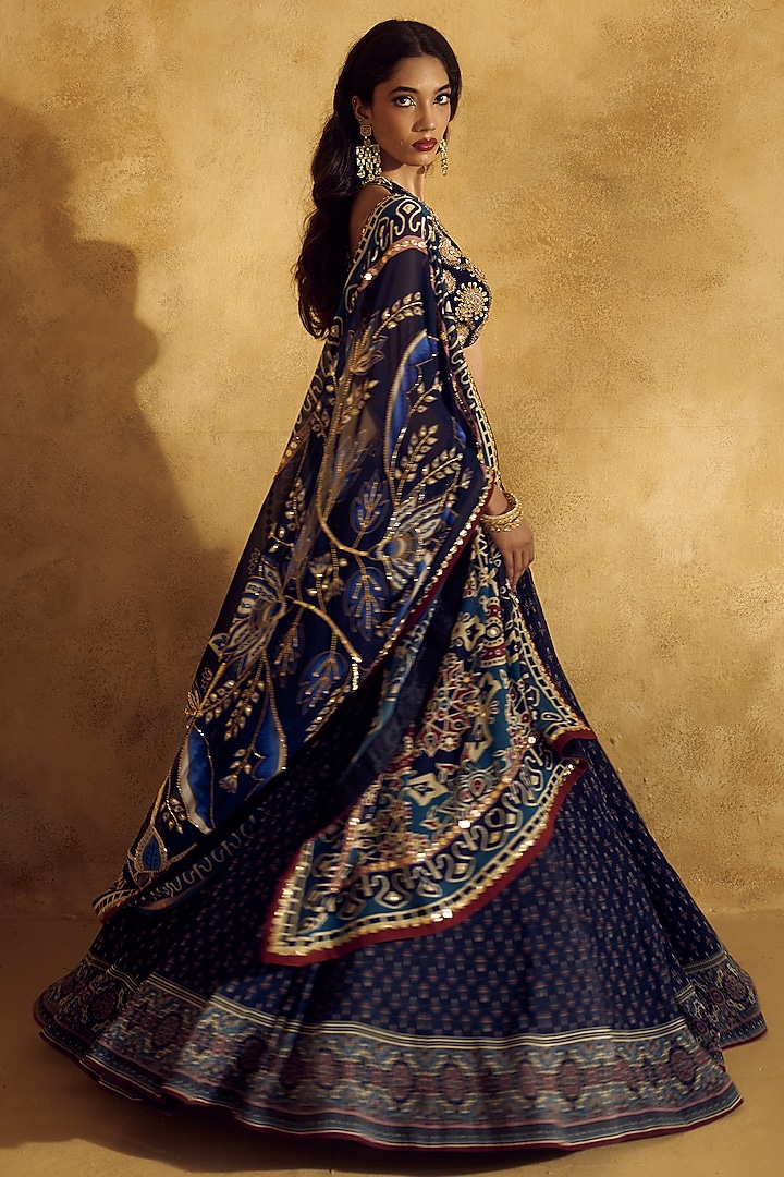 Blue Georgette Printed Wedding Lehenga Set by Rashika Sharma at Pernia's Pop Up Shop