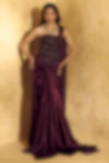 Purple Satin Draped Skirt Wedding Saree Set by Rashika Sharma at Pernia's Pop Up Shop