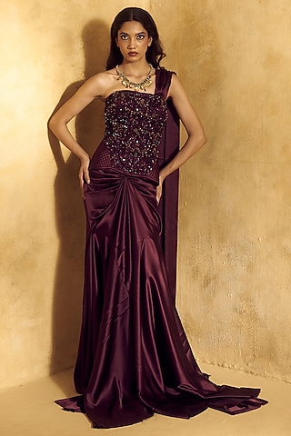 Purple Satin Draped Skirt Saree Set by Rashika Sharma