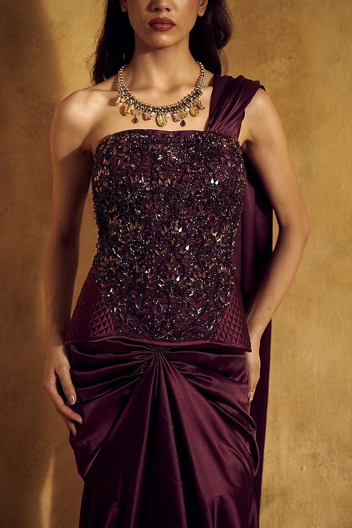 Purple Satin Draped Skirt Wedding Saree Set by Rashika Sharma at Pernia's Pop Up Shop
