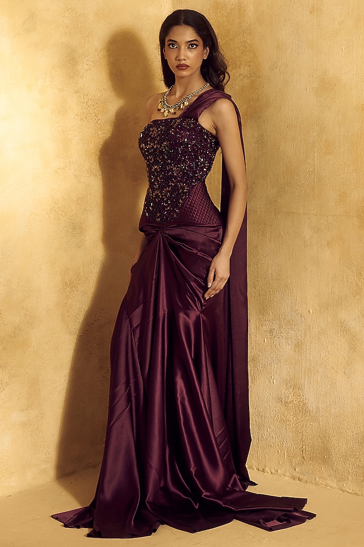 Purple Satin Draped Skirt Wedding Saree Set by Rashika Sharma at Pernia's Pop Up Shop