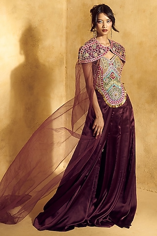 Purple Satin Flared Pant Set by Rashika Sharma